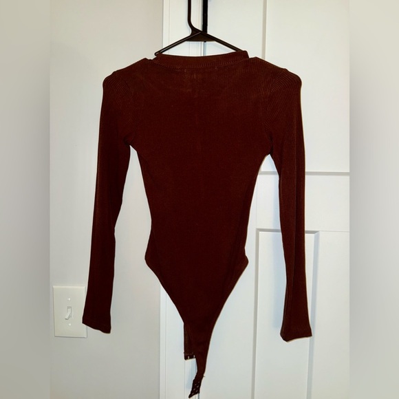 Brown Long Sleeve Bodysuit with Zipper - Picture 2 of 3